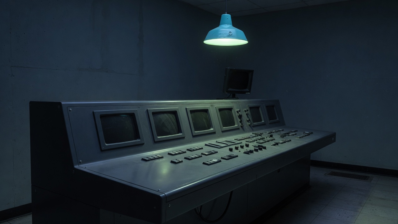 A dark control console under a cyan lamp