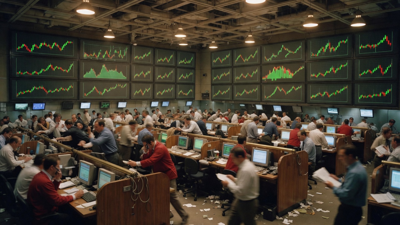 A stock exchange trading floor under a wall of charts