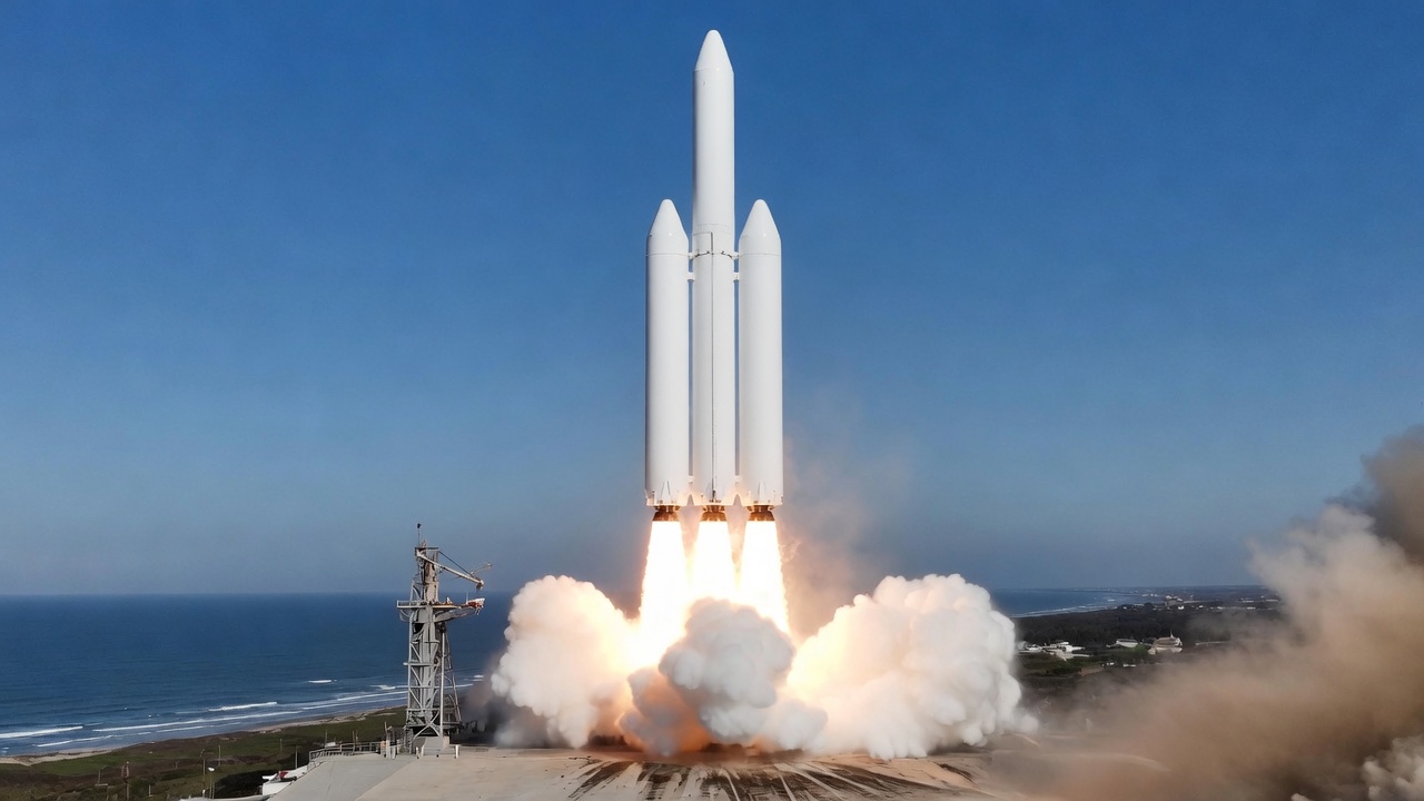 Three-core heavy rocket lifting off a coastal pad
