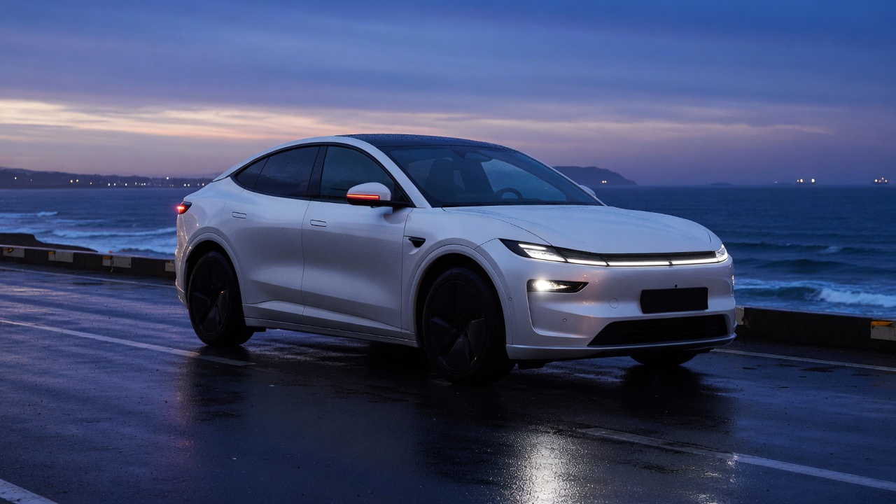 White electric crossover on a coastal road