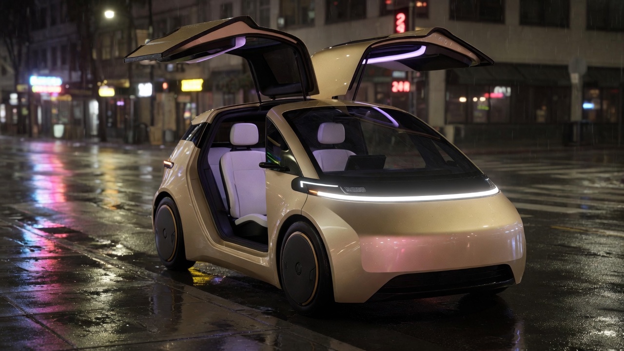 Gold two-seat robotaxi with the doors open on a wet street