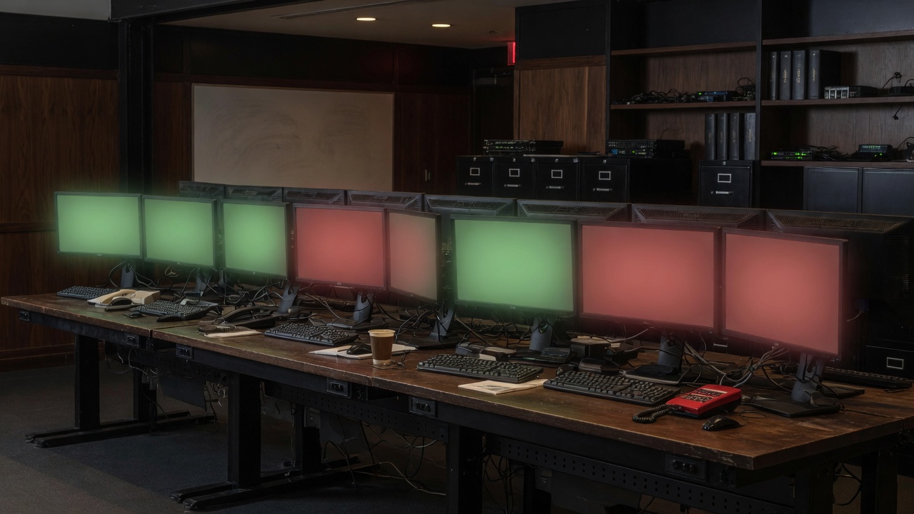 A desk of monitors glowing green and red