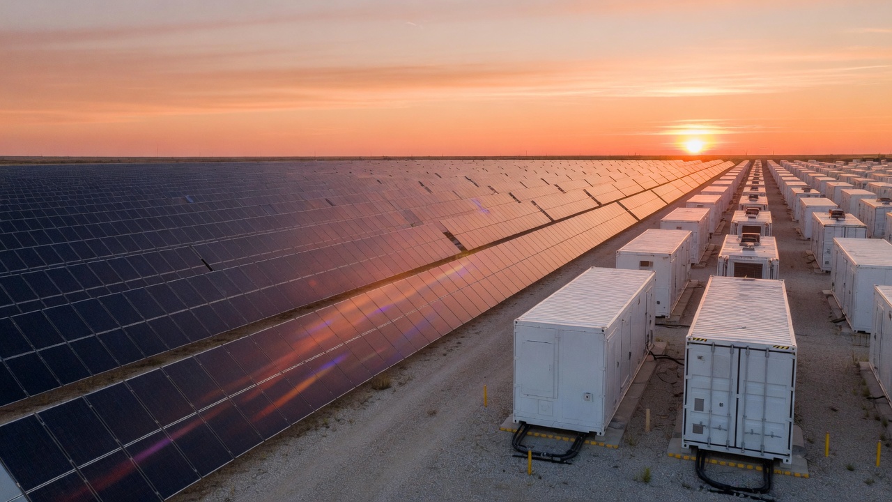 Solar arrays beside white battery containers at sunrise