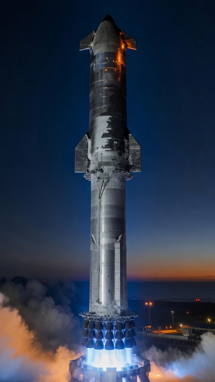 Likeness of Starship Flight 14, Ship 41 stacked on Booster 21, climbing off the pad.